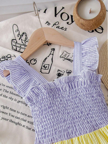 Girls' Rainbow Striped Patchwork Sleeveless Dress, Summer Children Pleated Suspender Dress Girls' Rainbow Striped Patchwork Sleeveless Dress, Summer Children Pleated Suspender Dress