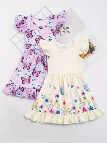 Girls Ruffle Sleeve Dress With Butterflies And Flowers Print - Comfy And Casual Summer Party Dress Girls Ruffle Sleeve Dress With Butterflies And Flowers Print - Comfy And Casual Summer Party Dress