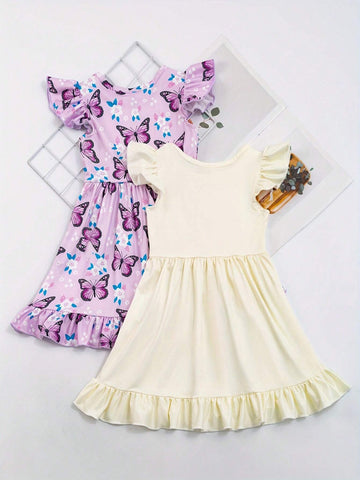 Girls Ruffle Sleeve Dress With Butterflies And Flowers Print - Comfy And Casual Summer Party Dress Girls Ruffle Sleeve Dress With Butterflies And Flowers Print - Comfy And Casual Summer Party Dress