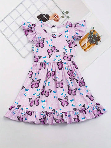 Girls Ruffle Sleeve Dress With Butterflies And Flowers Print - Comfy And Casual Summer Party Dress Girls Ruffle Sleeve Dress With Butterflies And Flowers Print - Comfy And Casual Summer Party Dress