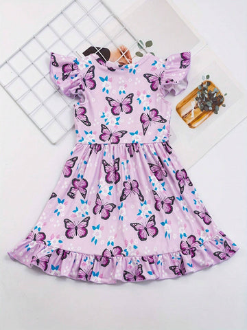Girls Ruffle Sleeve Dress With Butterflies And Flowers Print - Comfy And Casual Summer Party Dress Girls Ruffle Sleeve Dress With Butterflies And Flowers Print - Comfy And Casual Summer Party Dress