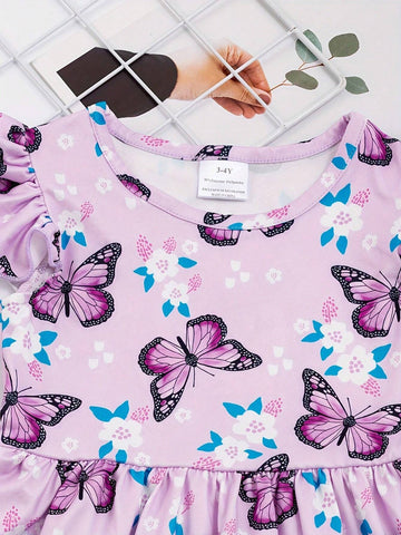 Girls Ruffle Sleeve Dress With Butterflies And Flowers Print - Comfy And Casual Summer Party Dress Girls Ruffle Sleeve Dress With Butterflies And Flowers Print - Comfy And Casual Summer Party Dress