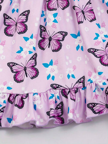 Girls Ruffle Sleeve Dress With Butterflies And Flowers Print - Comfy And Casual Summer Party Dress Girls Ruffle Sleeve Dress With Butterflies And Flowers Print - Comfy And Casual Summer Party Dress