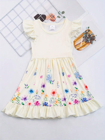 Girls Ruffle Sleeve Dress With Butterflies And Flowers Print - Comfy And Casual Summer Party Dress Girls Ruffle Sleeve Dress With Butterflies And Flowers Print - Comfy And Casual Summer Party Dress
