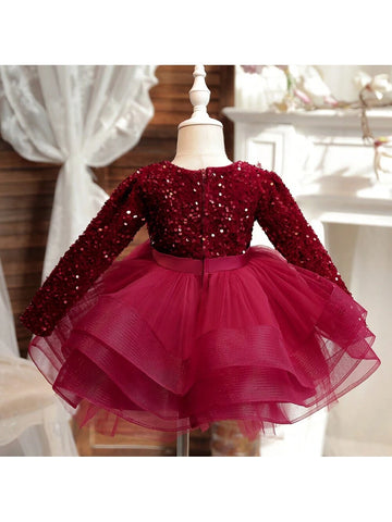 Girls Sequins Elegant Long Sleeve Princess Dress, Fashion Bow V-Neck Fluffy Party Dress Suitable For Christmas, Birthday, Piano Concert Girls Sequins Elegant Long Sleeve Princess Dress, Fashion Bow V-Neck Fluffy Party Dress Suitable For Christmas, Birthday, Piano Concert