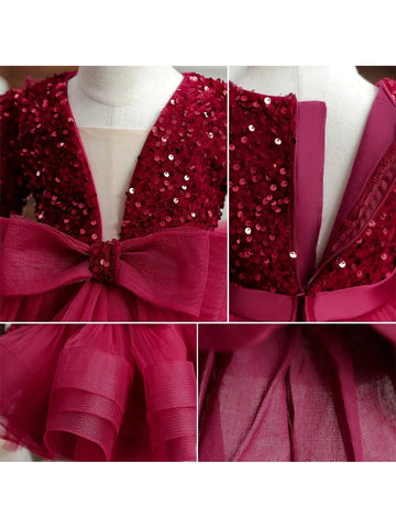 Girls Sequins Elegant Long Sleeve Princess Dress, Fashion Bow V-Neck Fluffy Party Dress Suitable For Christmas, Birthday, Piano Concert Girls Sequins Elegant Long Sleeve Princess Dress, Fashion Bow V-Neck Fluffy Party Dress Suitable For Christmas, Birthday, Piano Concert