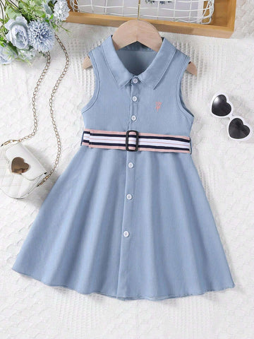 Girls' Simple Embroidery Elegant Collar Denim Blue Dress With Contrast Color Belt Girls' Simple Embroidery Elegant Collar Denim Blue Dress With Contrast Color Belt