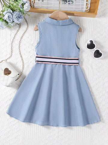 Girls' Simple Embroidery Elegant Collar Denim Blue Dress With Contrast Color Belt Girls' Simple Embroidery Elegant Collar Denim Blue Dress With Contrast Color Belt