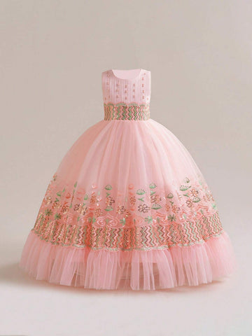 Girls' Sleeveless Beaded Embroidered Flower Decor Party Dress, Flower Girl/Performance Dress Girls' Sleeveless Beaded Embroidered Flower Decor Party Dress, Flower Girl/Performance Dress