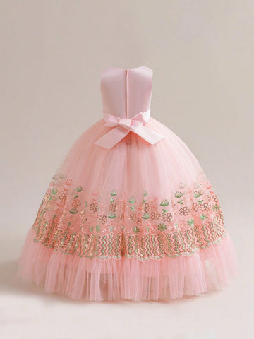 Girls' Sleeveless Beaded Embroidered Flower Decor Party Dress, Flower Girl/Performance Dress Girls' Sleeveless Beaded Embroidered Flower Decor Party Dress, Flower Girl/Performance Dress