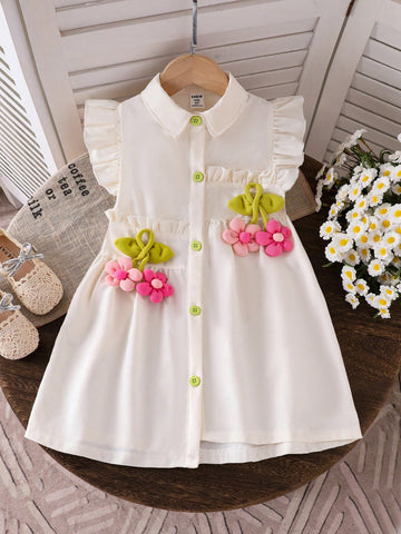Girls (Small) Apricot Sleeveless Collared 3D Floral Decor Dress Girls (Small) Apricot Sleeveless Collared 3D Floral Decor Dress