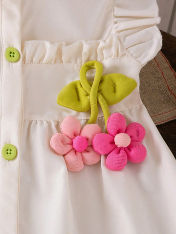 Girls (Small) Apricot Sleeveless Collared 3D Floral Decor Dress Girls (Small) Apricot Sleeveless Collared 3D Floral Decor Dress