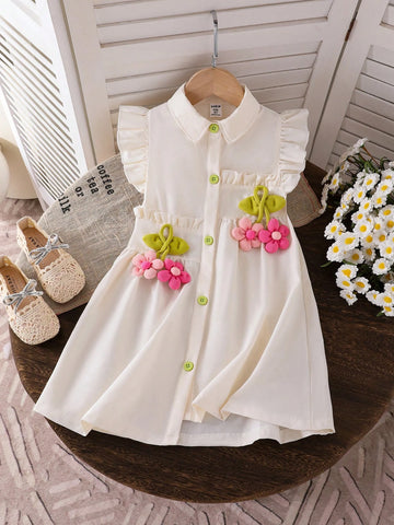 Girls (Small) Apricot Sleeveless Collared 3D Floral Decor Dress Girls (Small) Apricot Sleeveless Collared 3D Floral Decor Dress