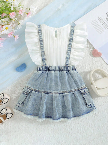 Girls' Summer Chic Casual Outfit, Pleated Lace Edge Sleeveless Top + Denim Suspender Skirt Set Girls' Summer Chic Casual Outfit, Pleated Lace Edge Sleeveless Top + Denim Suspender Skirt Set