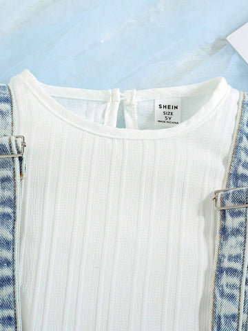 Girls' Summer Chic Casual Outfit, Pleated Lace Edge Sleeveless Top + Denim Suspender Skirt Set Girls' Summer Chic Casual Outfit, Pleated Lace Edge Sleeveless Top + Denim Suspender Skirt Set