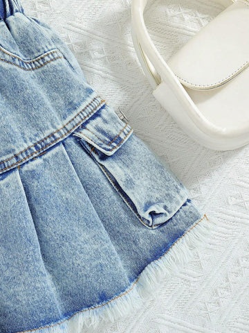 Girls' Summer Chic Casual Outfit, Pleated Lace Edge Sleeveless Top + Denim Suspender Skirt Set Girls' Summer Chic Casual Outfit, Pleated Lace Edge Sleeveless Top + Denim Suspender Skirt Set