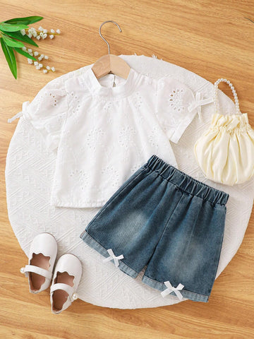 Girls' Summer Fashionable Top & Denim Shorts 2pcs Set, Sweet And Casual Outfit Girls' Summer Fashionable Top & Denim Shorts 2pcs Set, Sweet And Casual Outfit