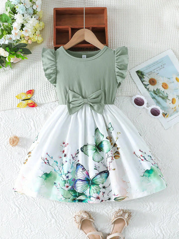 Girls' Summer Ruffled Sleeve Bow-Knot Placement Rose Print Casual Dress Girls' Summer Ruffled Sleeve Bow-Knot Placement Rose Print Casual Dress