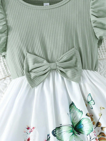 Girls' Summer Ruffled Sleeve Bow-Knot Placement Rose Print Casual Dress Girls' Summer Ruffled Sleeve Bow-Knot Placement Rose Print Casual Dress