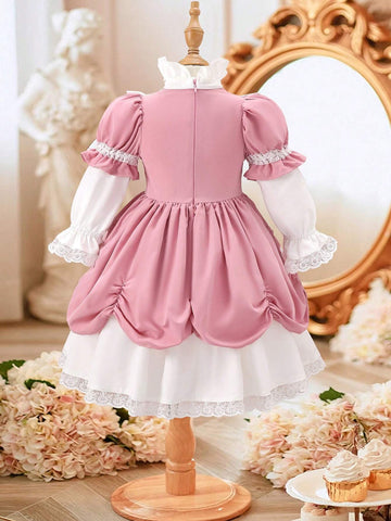 Girls' Sweet And Lovely Pink Butterfly Knot Bubble Skirt, Pink And White Spliced Color With Gorgeous Lace And Heavy Workmanship, Precious And Exquisite Palace Princess Dress Suitable For Parties Girls' Sweet And Lovely Pink Butterfly Knot Bubble Skirt, Pink And White Spliced Color With Gorgeous Lace And Heavy Workmanship, Precious And Exquisite Palace Princess Dress Suitable For Parties