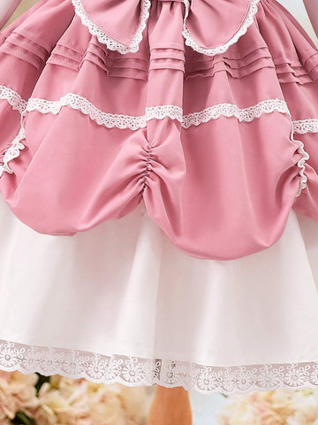 Girls' Sweet And Lovely Pink Butterfly Knot Bubble Skirt, Pink And White Spliced Color With Gorgeous Lace And Heavy Workmanship, Precious And Exquisite Palace Princess Dress Suitable For Parties Girls' Sweet And Lovely Pink Butterfly Knot Bubble Skirt, Pink And White Spliced Color With Gorgeous Lace And Heavy Workmanship, Precious And Exquisite Palace Princess Dress Suitable For Parties