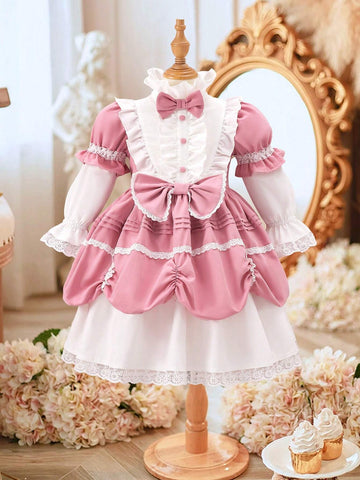 Girls' Sweet And Lovely Pink Butterfly Knot Bubble Skirt, Pink And White Spliced Color With Gorgeous Lace And Heavy Workmanship, Precious And Exquisite Palace Princess Dress Suitable For Parties Girls' Sweet And Lovely Pink Butterfly Knot Bubble Skirt, Pink And White Spliced Color With Gorgeous Lace And Heavy Workmanship, Precious And Exquisite Palace Princess Dress Suitable For Parties