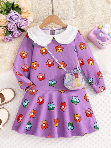 Girls Sweet Floral Print Ruffle Collar Dress With Beaded Embroidered Bag, Suitable For Daily Occasions, Parties And Vacations To Showcase Girls' Sweetness And Liveliness Girls Sweet Floral Print Ruffle Collar Dress With Beaded Embroidered Bag, Suitable For Daily Occasions, Parties And Vacations To Showcase Girls' Sweetness And Liveliness