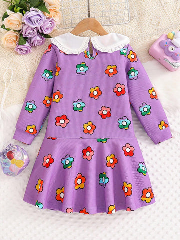 Girls Sweet Floral Print Ruffle Collar Dress With Beaded Embroidered Bag, Suitable For Daily Occasions, Parties And Vacations To Showcase Girls' Sweetness And Liveliness Girls Sweet Floral Print Ruffle Collar Dress With Beaded Embroidered Bag, Suitable For Daily Occasions, Parties And Vacations To Showcase Girls' Sweetness And Liveliness