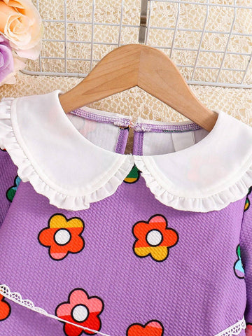 Girls Sweet Floral Print Ruffle Collar Dress With Beaded Embroidered Bag, Suitable For Daily Occasions, Parties And Vacations To Showcase Girls' Sweetness And Liveliness Girls Sweet Floral Print Ruffle Collar Dress With Beaded Embroidered Bag, Suitable For Daily Occasions, Parties And Vacations To Showcase Girls' Sweetness And Liveliness