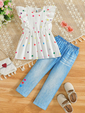 Girls' Sweetheart Heart Printed Double-Layered Sleeveless Blouse With Waist Tie + Heart Print Denim Casual Pants Set Girls' Sweetheart Heart Printed Double-Layered Sleeveless Blouse With Waist Tie + Heart Print Denim Casual Pants Set