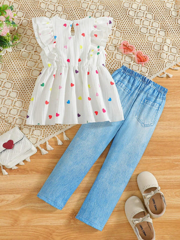 Girls' Sweetheart Heart Printed Double-Layered Sleeveless Blouse With Waist Tie + Heart Print Denim Casual Pants Set Girls' Sweetheart Heart Printed Double-Layered Sleeveless Blouse With Waist Tie + Heart Print Denim Casual Pants Set