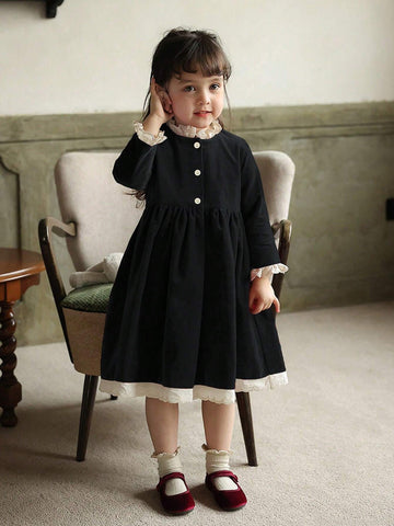 Girls Velvet Contrast Lace Trim Collar Dress, Christmas/New Year/Birthday Party Princess Dress, Autumn/Winter Girls Velvet Contrast Lace Trim Collar Dress, Christmas/New Year/Birthday Party Princess Dress, Autumn/Winter