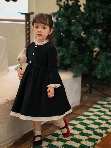 Girls Velvet Contrast Lace Trim Collar Dress, Christmas/New Year/Birthday Party Princess Dress, Autumn/Winter Girls Velvet Contrast Lace Trim Collar Dress, Christmas/New Year/Birthday Party Princess Dress, Autumn/Winter