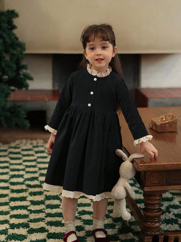 Girls Velvet Contrast Lace Trim Collar Dress, Christmas/New Year/Birthday Party Princess Dress, Autumn/Winter Girls Velvet Contrast Lace Trim Collar Dress, Christmas/New Year/Birthday Party Princess Dress, Autumn/Winter