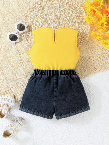 Girls' Yellow Vest Top + Black Pearl Decorated Shorts Fashion Set Girls' Yellow Vest Top + Black Pearl Decorated Shorts Fashion Set