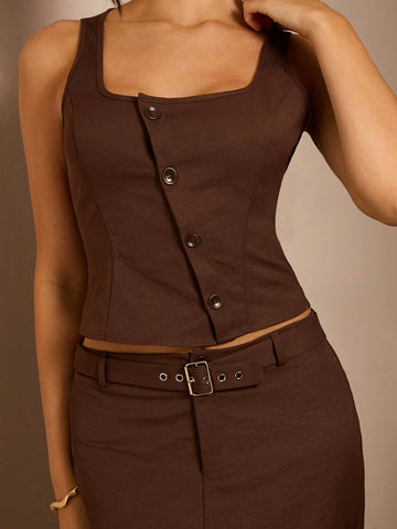 Glamine 2pcs Women Solid Color Button Front Sleeveless Blouse & A-Line Skirt Set Glamine 2pcs Women Solid Color Button Front Sleeveless Blouse & A-Line Skirt Set