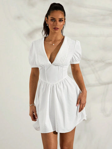 Glamine French Vintage Design Peter Pan Collar Puff Sleeve Women's Spring/Summer A-Line Waist Pleated White Dress Glamine French Vintage Design Peter Pan Collar Puff Sleeve Women's Spring/Summer A-Line Waist Pleated White Dress