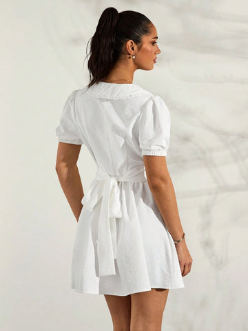 Glamine French Vintage Design Peter Pan Collar Puff Sleeve Women's Spring/Summer A-Line Waist Pleated White Dress Glamine French Vintage Design Peter Pan Collar Puff Sleeve Women's Spring/Summer A-Line Waist Pleated White Dress