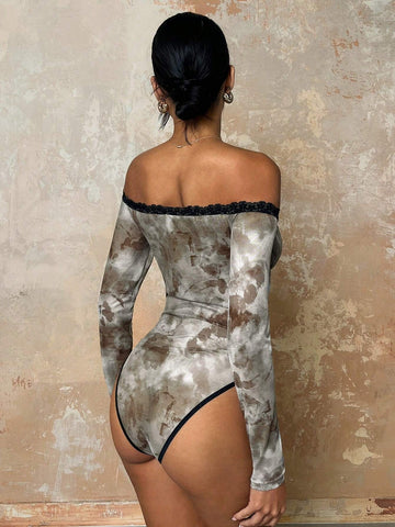 Glamine Sexy Elegant Off Shoulder Floral Lace Contrast Mesh Print Patchwork Bodysuit For Women Glamine Sexy Elegant Off Shoulder Floral Lace Contrast Mesh Print Patchwork Bodysuit For Women