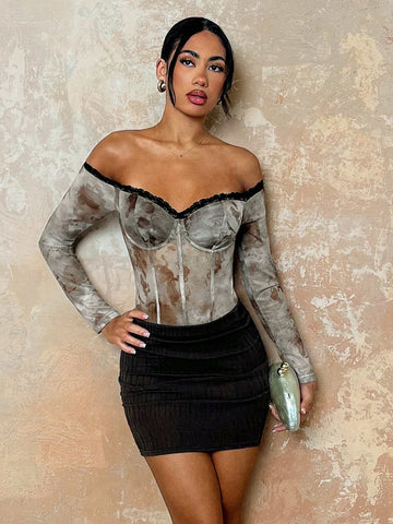 Glamine Sexy Elegant Off Shoulder Floral Lace Contrast Mesh Print Patchwork Bodysuit For Women Glamine Sexy Elegant Off Shoulder Floral Lace Contrast Mesh Print Patchwork Bodysuit For Women
