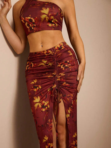 Glamine Women 2-Piece Outfit, Printed Minimalist Casual Daily Wear V-Neck Sleeveless Top & High-Slit Fitted Skirt Glamine Women 2-Piece Outfit, Printed Minimalist Casual Daily Wear V-Neck Sleeveless Top & High-Slit Fitted Skirt