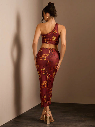 Glamine Women 2-Piece Outfit, Printed Minimalist Casual Daily Wear V-Neck Sleeveless Top & High-Slit Fitted Skirt Glamine Women 2-Piece Outfit, Printed Minimalist Casual Daily Wear V-Neck Sleeveless Top & High-Slit Fitted Skirt