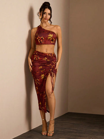 Glamine Women 2-Piece Outfit, Printed Minimalist Casual Daily Wear V-Neck Sleeveless Top & High-Slit Fitted Skirt Glamine Women 2-Piece Outfit, Printed Minimalist Casual Daily Wear V-Neck Sleeveless Top & High-Slit Fitted Skirt