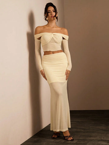 Glamine Women Off-Shoulder Long Sleeve Cropped Top And Maxi Skirt Elegant 2-Piece Set Glamine Women Off-Shoulder Long Sleeve Cropped Top And Maxi Skirt Elegant 2-Piece Set