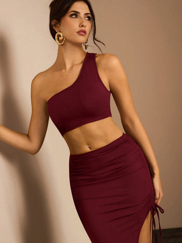 Glamine Women Solid Color Asymmetric Shoulder Sleeveless Crop Top And Mini Skirt Set Glamine Women Solid Color Asymmetric Shoulder Sleeveless Crop Top And Mini Skirt Set