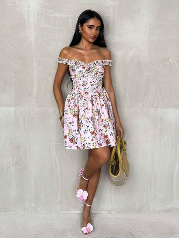 Glamine Women's Fashion Off Shoulder Floral Print Flutter Hem Short Dress, Suitable For Vacation Glamine Women's Fashion Off Shoulder Floral Print Flutter Hem Short Dress, Suitable For Vacation