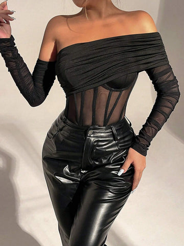 Glamine Women's Fashion Sexy Asymmetric Collar Mesh Patchwork Bodysuit Glamine Women's Fashion Sexy Asymmetric Collar Mesh Patchwork Bodysuit
