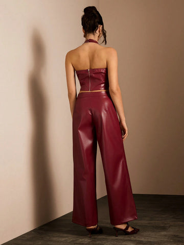 Glamine Women's Plain Sleeveless Top & Long Pants Casual Leather Suit For New Year Clothes Glamine Women's Plain Sleeveless Top & Long Pants Casual Leather Suit For New Year Clothes