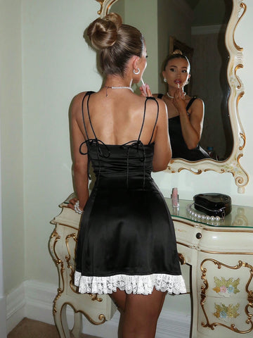 Glamine Women's Satin Lace Patchwork Contrast Color Elegant Sexy Dress - K-POP Style Glamine Women's Satin Lace Patchwork Contrast Color Elegant Sexy Dress - K-POP Style