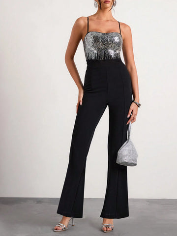 Glamine Women's Sequined Patchwork Waist-Baring Elegant Sexy Jumpsuit New Year's Party Glamine Women's Sequined Patchwork Waist-Baring Elegant Sexy Jumpsuit New Year's Party